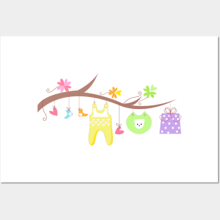 Newborn baby arrival card with gift, heart, flower and clothes Posters and Art